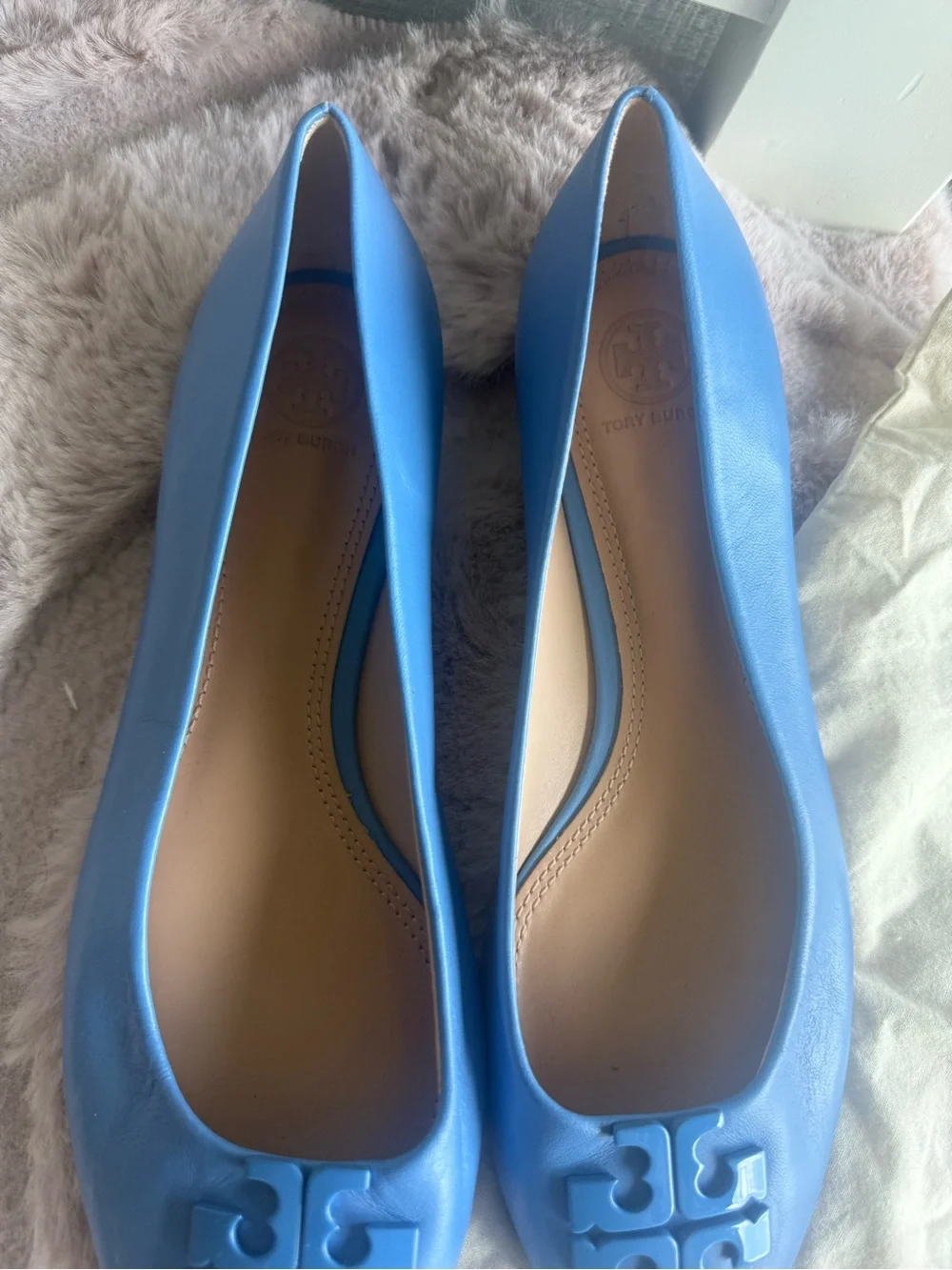Tory Burch Sky Blue Leather Logo Ballet Flats - Picture 2 of 3